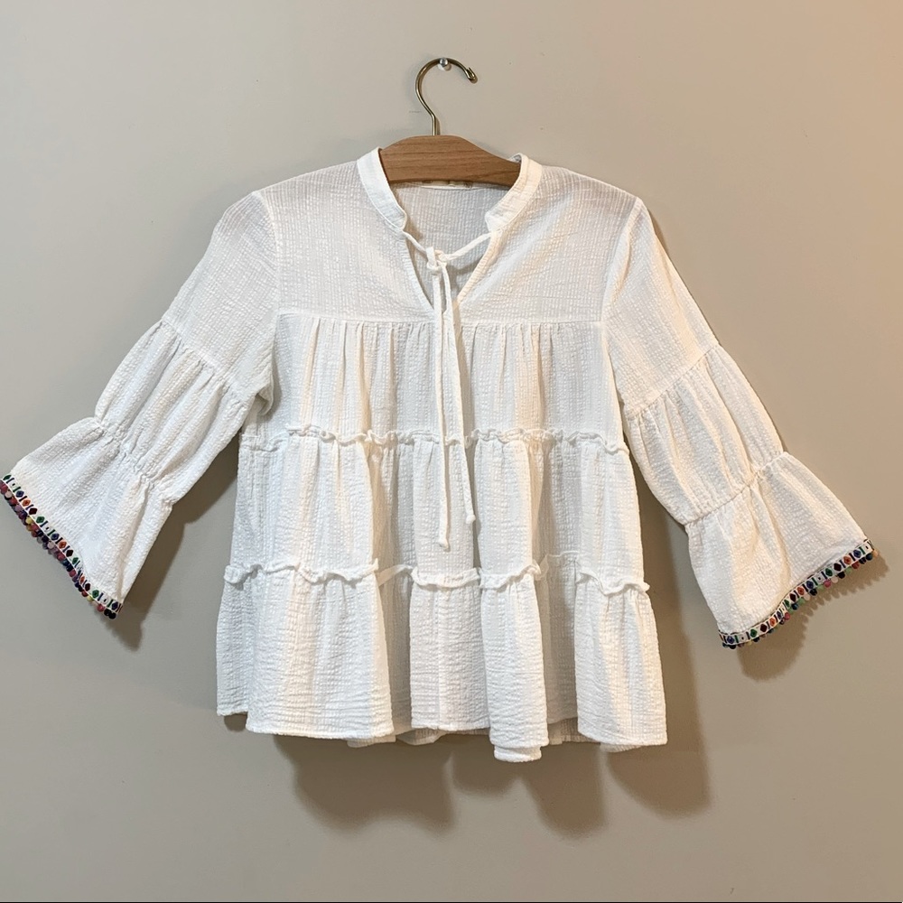 White Blouse Pompom Swing Top Boho Summer Festival